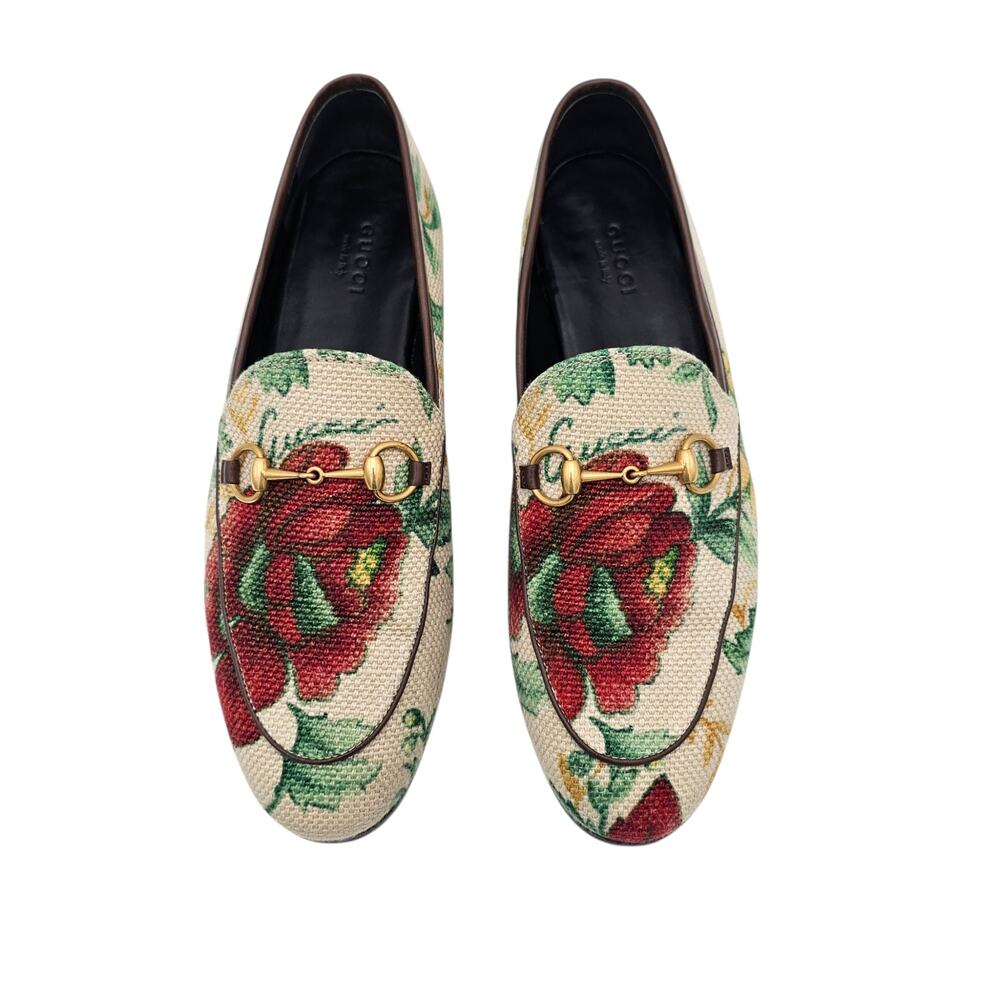 Gucci Jordaan Horsebit Flat Loafer Beige Floral Canvas Slip On Gold Size 38 US 8 - Picture 4 of 11